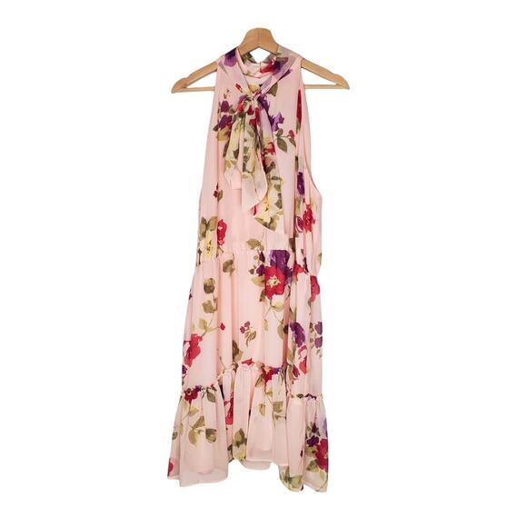 Lauren Ralph Lauren Floral Chiffon Sleeveless Dress Pastel Pink Bow Size 16 NEW - Picture 1 of 12